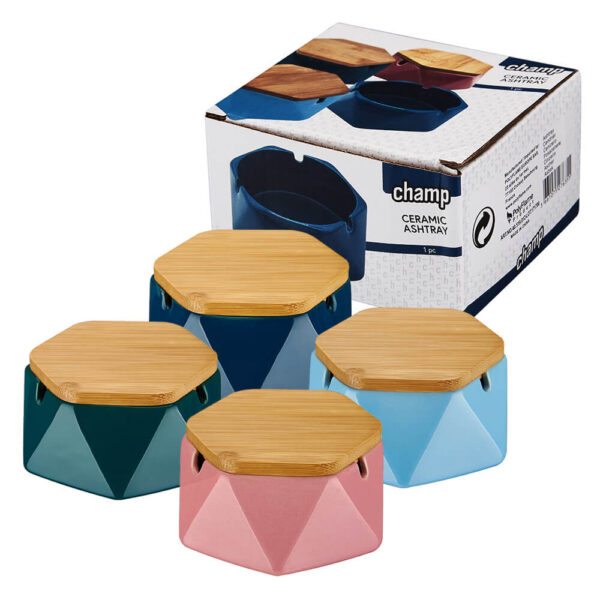 Champ High Ceramic Ashtray with Wooden Lid Mix Colors